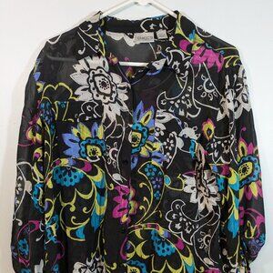 Chico’s Floral Sheer Silk Blend Long Sleeve Button Up Blouse Black Sz 2- LG